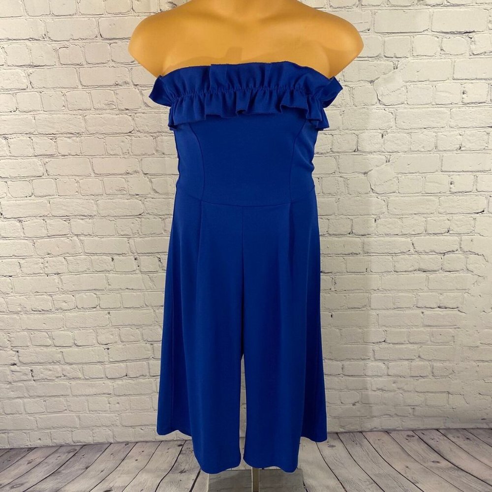 Klaxons Strapless Ruffle Wide Leg Jumpsuit Blue